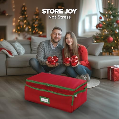 Premium Christmas Ornament Storage Box – Holds up to 72-3” Ornaments + 6 Side Slots for Figurines & Nutcrackers – Holiday Decoration Organizer – Durable 600D Red Canvas - Image 2