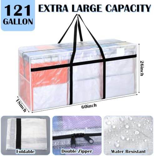 Windyun 4 Pack 121 Gallon Extra Large Moving Bags XXL Heavy Duty Storage Bag with Strong Zipper Handle Jumbo Big Tote Box Foldable for College Dorm Travel Clothes Duffle Blanket Pillow(Transparent) - Image 3