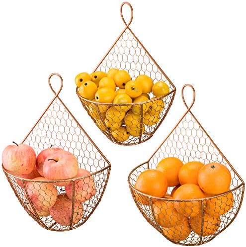 MyGift Set of 3, Farmhouse Copper Metal Wire Mesh Wall Hanging Baskets, Wall-Mounted Storage Basket, Decorative Kitchen Fruit Wall Basket Produce Holder - Image 7