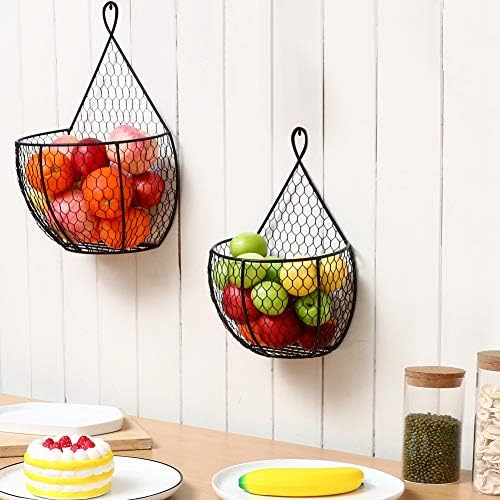 ERYTLLY Metal Fruit And Vegetable Storage Hanging Basket Wall Mounted, For Kitchen Black Wire Baskets for Flowers, Fruits and Veggies, - Set of 2 - Image 2