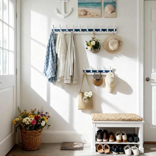 SKOLOO Coastal Wall Mounted Coat Rack - 16-7/8" Beach House Entryway Wooden Coat Hook with 5 Hooks for Hanging Coats, Hats or Towels, Oceanfront Cottage Core Collection, White & Blue, Pack of 2 - Image 5
