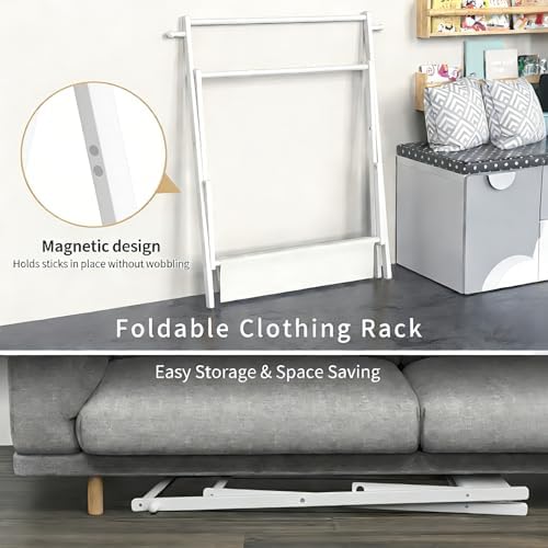 BAMBOOHOMIE Kids Clothing Rack, Small Clothes Rack for Toddler Pets, Kids Dress Up Rack with Storage Shelf & Double Rods, Foldable Kids Clothes Rack for Nursery Child's Room (Regular Size - White) - Image 2