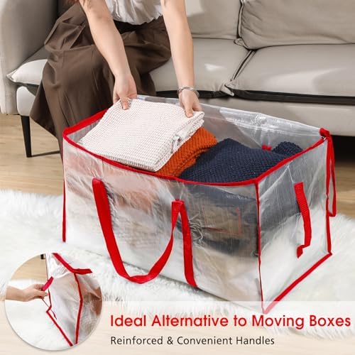 Aliceset 12-Pack Clear Moving Bags 90.84L Heavy Duty Extra Large Storage Totes with Reinforced Handles & Zippers, for Moving, College Dorm, Traveling(Red) - Image 4