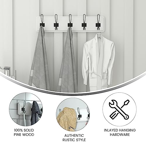 Flash Furniture Daly Wall Mounted Storage Rack - Solid White Solid Pine Wood - 24 Inch - 5 Hanging Hooks - for Entryway, Kitchen, Bathroom - Image 3