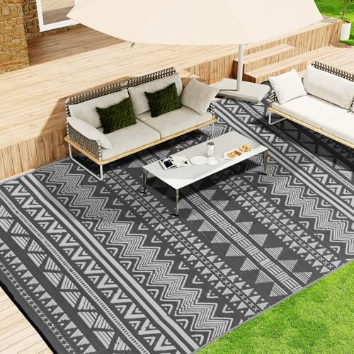 Large Rv Outdoor Rugs for Camping Outdoor Rug 10x14 Patio Waterproof 10x14 Plastic Patio Rug for Outside, Reversible Grey and White Boho Stripe Woven Mat for Deck, Porch, Camping, Balcony, RV, Yard by Unknown