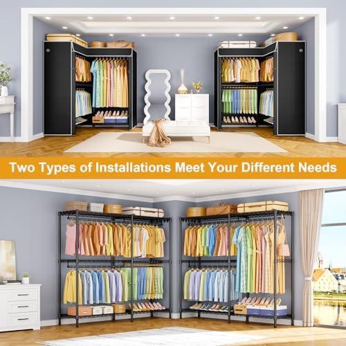 ULIFHOME E15C Garment Rack L Shaped Clothes Rack for Corner，Freestanding Clothing Racks for Hanging Clothes，Heavy Duty Closet Organizer 43.4"W x 15.8"D x 78.4"H，Black Rack with Black Dustproof Cover - Image 5