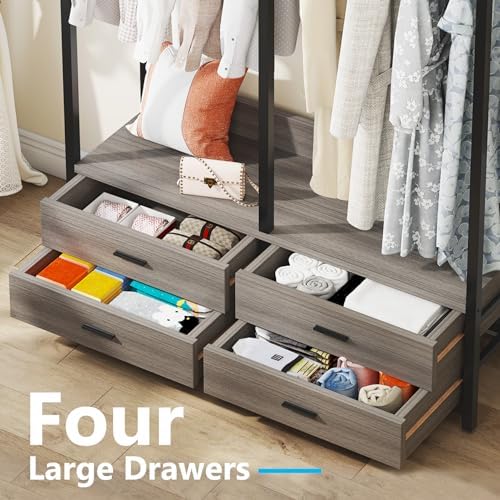 Tribesigns Freestanding Closet Organizer for Hanging Clothes, Heavy Duty Garment Rack with 4 Drawers, 8 Hooks and Storage Shelves, Wardrobe Closet Clothing Rack for Bedroom, Living Room, Grey - Image 5