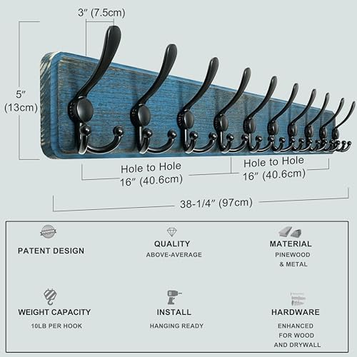 Dseap Coat Rack Wall - Heavy-duty 38-1/4" Long, with Reinforced 10 Custom Tri-Hooks, Solid Wood Wall Hanger for Coats Hat Jackets - Rustic Farmhouse Entryway Storage, Weathered Blue & Black, Pack of 2 - Image 5