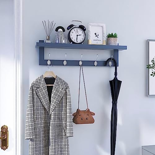 SMIBUY Coat Hooks with Shelf Wall-Mounted, 29.2 Inch Entryway Coat Rack for Wall, Bamboo Hanging Shelf with 5 Double Metal Hooks for Bathroom, Bedroom, Kitchen, Living Room, Mudroom (Grey) - Image 3