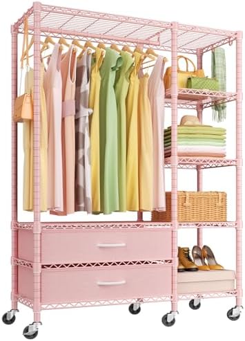Ulif F3R Heavy Duty Clothes Rack（With Lockable Wheels）Freestanding Clothing Racks for Hanging Clothes，Adjustable Closet Organizer System，Portable Garment Rack 40"W x 15"D x 74"H，Max Load 700LBS，Pink by Ulif