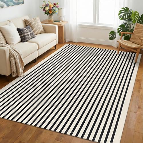 KOZYFLY 5x8 ft Area Rug Woven Washable Striped Rug, Beige and Black by KOZYFLY