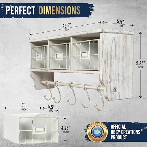 BizChair Wall Mounted Storage Rack - Whitewashed Solid Pine Wood - 24 Inch - Upper Shelf - 5 Hooks - Wire Baskets - For Entryway, Kitchen, Bathroom - Image 3