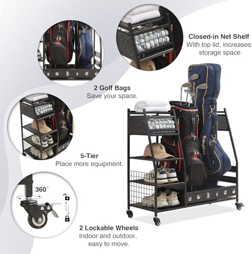 Lauren&Harold Golf Bag Organizer Garage Storage, Golf Storage Rack Stand Fits 2 Golf Bags, Golf Clubs and Other Golfing Equipment Accessories, Golf Organizer for Garage, Club, Shed, Basement - Image 4