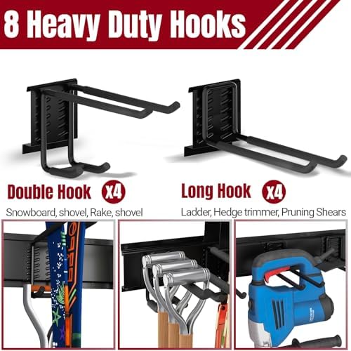 66" Garage Tool Organizer Wall Mount,20 PCS Wall Mounted Garden Tool Storage Rack Carries 720lbs, 4-Panel Steel Tool Hanger System for Shovels Rakes Brooms – Fits 16" Wall Studs - Image 7