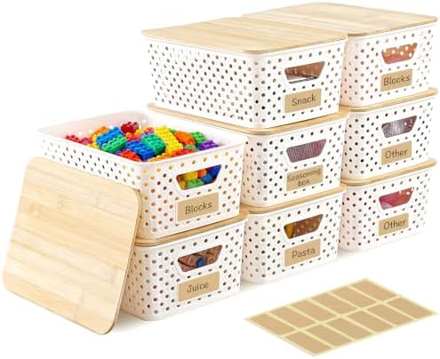 8 Pack Small Plastic Storage Bins with Bamboo Lids, Stackable Plastic Storage Baskets for Organizing with Handles, Organizer Bins with Labels for Room, Craft, Containers for Classroom Storage by Unknown
