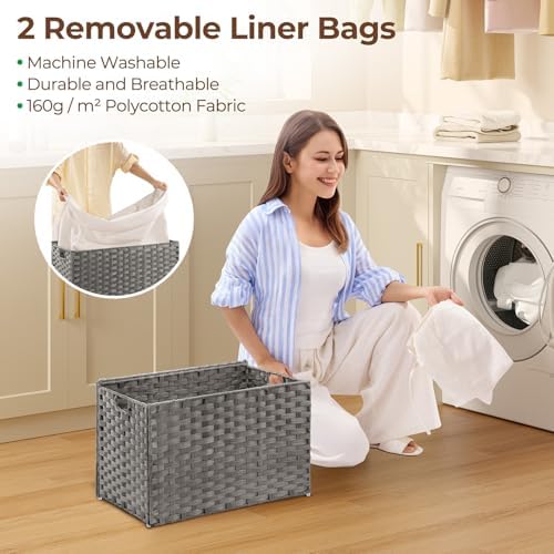GREENSTELL Storage Basket with Lid, 17.2 Gallon(65L) Small Wicker Blanket Storage Basket with Handles, Foldable, 2 Removable Liner Bags, Metal Frame, for Bedroom, Laundry Room, Grey, 22.2"*13.4"*13.4" - Image 6