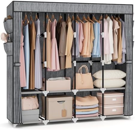 VTRIN Portable Closet for Hanging Clothes 67 Inch Wide Large Capacity Portable Wardrobe Closet with Cover, 4 Storage Shelves and 4 Hanging Rod Sturdy Free Standing Closet for Bedroom, Printing by VTRIN