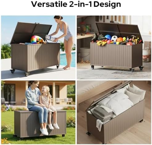 150 Gallon Outdoor Storage Box with Wheels, Metal Deck Boxes,Brown - Image 6