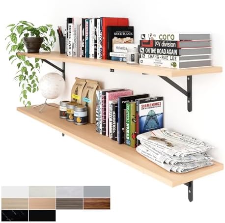 Kaboon 55 inch Long 10 inch Deep Floating Shelves for Wall Set of 2, Large Open Shelves Wall Mounted, Space Saving Home and Commercial Use, Light Walnut by Kaboon