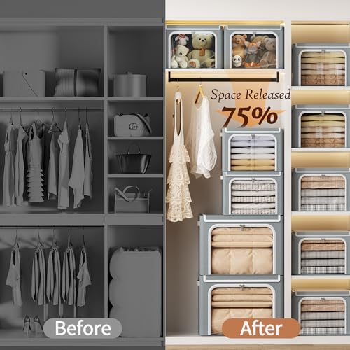 Yecaye Stackable Clothes Storage Bins with Lid, Grey, 40L, 6 Pack - Image 5