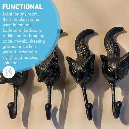 Thorness Set of Four Sturdy Wall Mounted Cast Iron Fox Head Hook Hanger for Hat, Coat, Clothes - Ideal for Kitchen, Bathroom, Bedroom, Office, Black - Image 4
