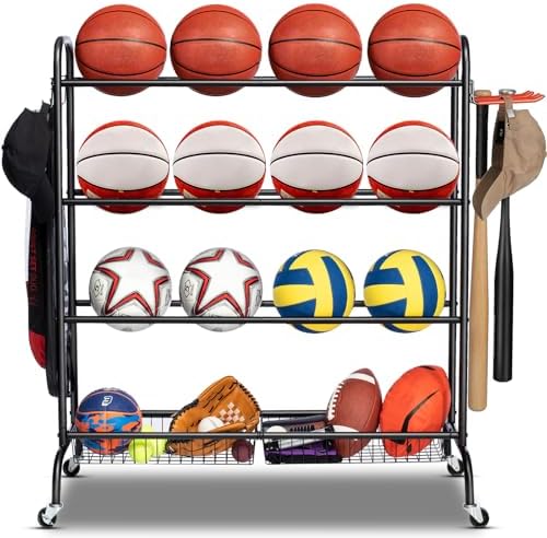 EXTCCT Basketball Rack with Wheels, 4 Tier Garage Ball Storage Organizer by EXTCCT