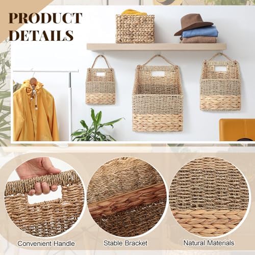 Cinnvoice Set of 3 Wicker Wall Magazine Basket, Magazine Holder Water Hyacinth Storage Baskets for Mail, Files, Books & Accessories Wall-mounted Organizer for Door Home, Office Organization - Image 4