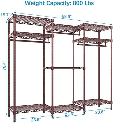 VIPEK V5i Garment Rack Heavy Duty Clothes Rack, Portable Closet Wardrobe Bedroom Armoires Freestanding Clothing Rack with 8 Adjustable Shelves & 4 Hang Rods, 68.9" L x 15.7" W x 76.4" H, Bronze - Image 5