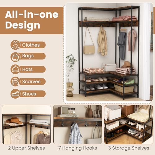 GIANTEX Corner Coat Rack, L-Shaped Hall Tree with Bench and Shoe Storage - Image 3