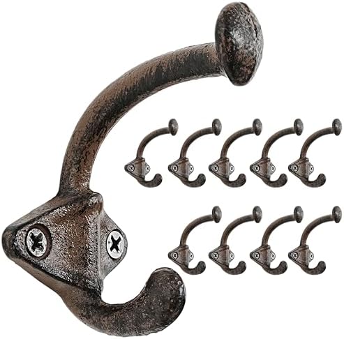 Dseap Cast Iron Wall Hooks, Heavy Duty Coat Hooks, Rustic Vintage Farmhouse Hook for Hanging Winter Coats Jackets Towels Hats Bags Plants, Antique Brown, Pack of 10 (ShldCast) by Dseap