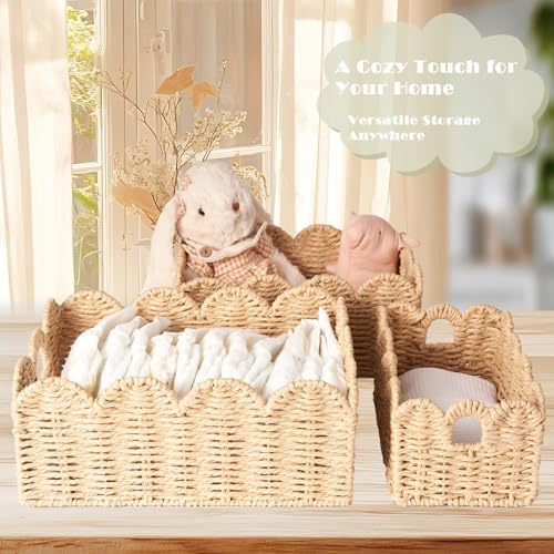 Scalloped Wicker Baskets Set of 3, Hand-Woven Storage with Handles - Image 2