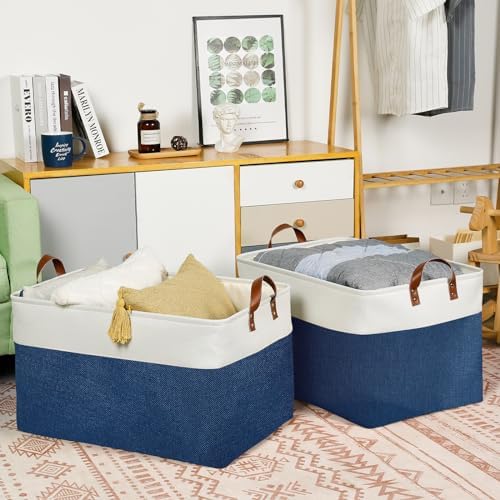 DULLEMELO 2-Pack Extra Large Blanket Basket Fabric Storage Baskets with Handles, Canvas Storage Baskets for Organizing Shelves Closet Toys Books, 22 x 15 x 13 inches(White&Blue) - Image 4