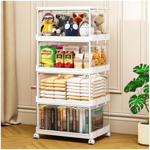 Clear Storage Bins with Lid 24Qt, 4 Pack Stackable Storage Bins, Acrylic Organizers, Plastic Multifunctional Folding Storage Bins, Plastic Stackable Storage Box for Bedroom, Living Room, Office by YFXCVSL