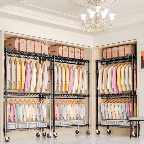 M MZG Heavy Duty Rolling Garment Rack 3 Tiers Adjustable Wire Shelving Clothes Rack with 2 Rods and Side Hooks, Storage Closet Clothing Rack with Wheels Black 17.7" D x 47.2" W x 83.6" H - Image 6