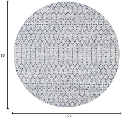 Eyely Moroccan Woven Round Rug 5 Ft Light Gray/Navy, Indoor Outdoor Rug - Image 2