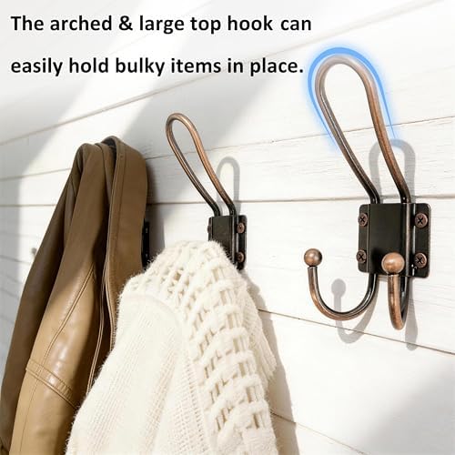 WEBI Coat Hooks Wall Mount,5 mm Thick,10 Large Rustic Triple Hooks,Heavy Duty Metal Vintage Backpack Wall Hooks for Hanging Clothes,Robe,Towel,Closet,Farmhouse,Mudroom,Antique Copper - Image 6