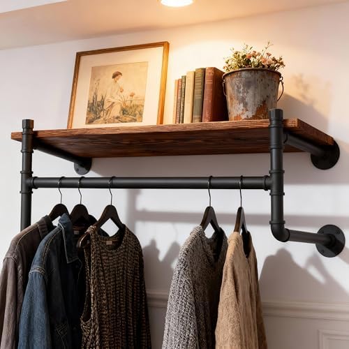 WEBI Wall Mounted Clothes Rack with Shelf,27" Industrial Pipe Clothing Rack with Shelf with Hanging Rod,Heavy Duty Iron Garment Rack Bar,Retail Display Clothes Rod for Laundry Room,Closet,Black - Image 2