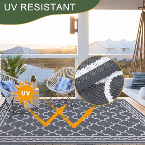 GlowSol Reversible Outdoor Rug 9x18 ft Clearance, Waterproof Outdoor Plastic Straw Rug with Carry Bag, Modern Geometric Patio Rug,RV Mat for Porch,Deck,Backyard,Camping,Balcony,Deck,Backyard,Grey - Image 4