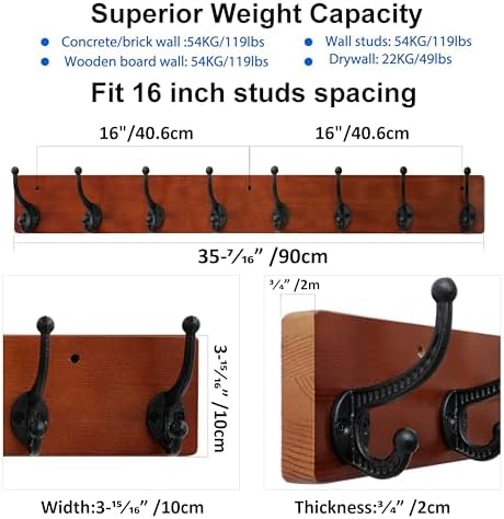 WEBI Rustic Coat Rack Wall Mount,35.43" Long 8 Cast Iron Coat Hooks Wall Mounted,Heavy Duty Wood Wall Coat Hanger Hooks for Hanging Coats,Jacket,Clothes,Backpack,Farmhouse,Cherry,2 Packs - Image 3