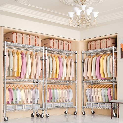 M MZG Heavy Duty Rolling Garment Rack 3 Tiers Adjustable Wire Shelving Clothes Rack with 2 Rods and Side Hooks, Storage Closet Clothing Rack with Wheels Chrome 17.7" D x 47.2" W x 83.6" H - Image 4