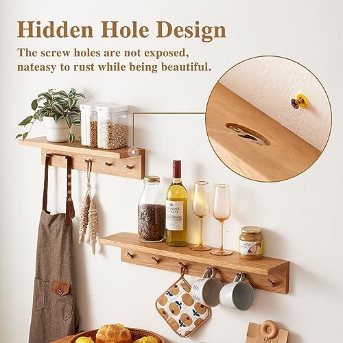 Oak Wood Coat Rack Wall Mount With Shelf 27.5 Inch Long, Entryway Floating Shelf With 6 Hooks for Bathroom, Hallway, Living Room - Image 2
