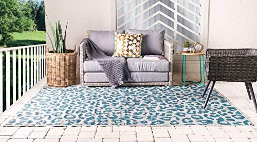 Unique Loom Outdoor Safari Collection Area Rug - Leopard (6' 1" x 9' Rectangle, Teal/ Ivory) - Image 2