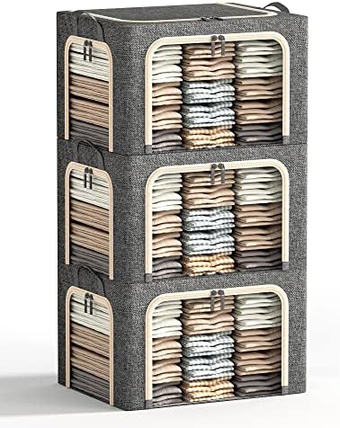 3 Openings Large Clothes Storage Bins with Metal Frame, Foldable Storage Bin for Clothes, Clothing Storage Bins with Lid, Linen Storage Box With Clear Window＆ Zippers＆ Handles.(3 Pcs,Dark Grey,66L) by Furnhome