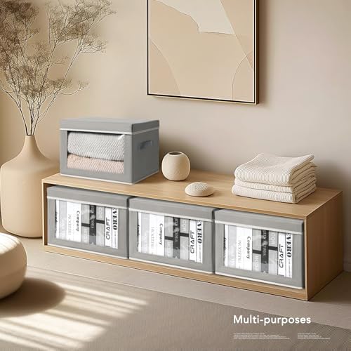 Homsorout Large Storage Bins with Lids - Stackable Cube Bins for Closet, 4 Pack Clear Windows Fabric Organizer Bins, Home Organizers and Storage for Clothes, CD, Towels, Grey - Image 5
