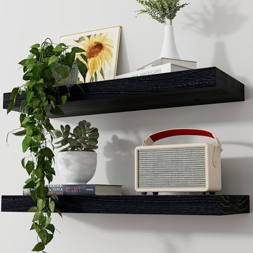 Axeman Floating Shelves, 2 Pack 8 Inch Deep Modern Solid Wood Wall Shelves for Storage, Wall Mounted Display Shelving with Invisible Heavy-Duty Metal Bracket, 24" W x 8" D x 1.6" H, Distressed Black by Axeman