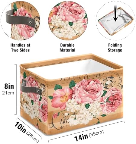 Vintage Rose Floral Foldable Baskets Storage Bins with Handles, Decorative Cloth Organizer Storage Boxes 2 sets - Image 5