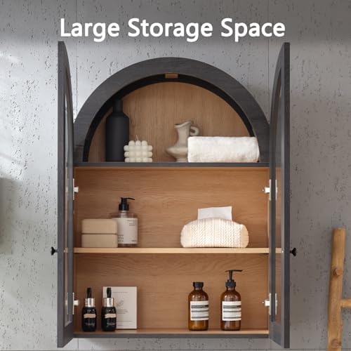 Bathroom Arched Wall Cabinet, 23.5'' Wide Medicine Cabinet, Wall Mount with Glass Doors & Adjustable Shelves, Over the Toilet Storage Cabinet for Laundry Room, Bedroom, Kitchen, Grey Black - Image 5