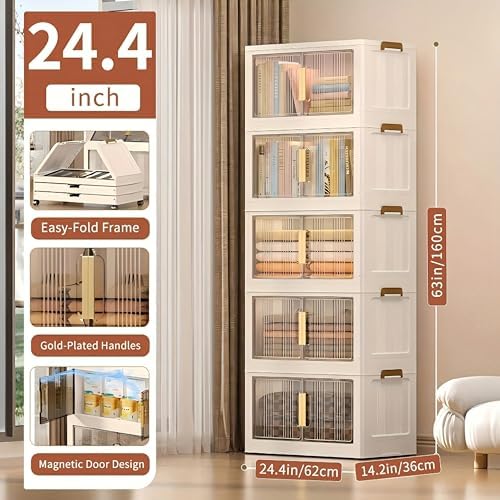 Storage Bins with Lids, 5 Tier 300 QT Stackable Plastic Storage Bins, Foldable Storages Boxes with Magnetic Doors and Wheels for Clothes, Snacks, Books, Folding Containers for Home Office - Image 2
