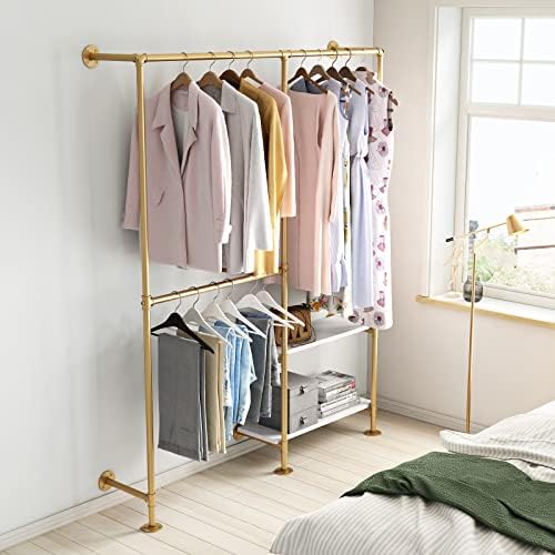 Gold Pipe Clothes Racks with White Shelves, Industrial Pipe Gold Clothing Rack with Double Hanging Rods, Heavy Duty Wall Mounted Clothing Rack Rod for Closet Storage, Bedroom - Image 5