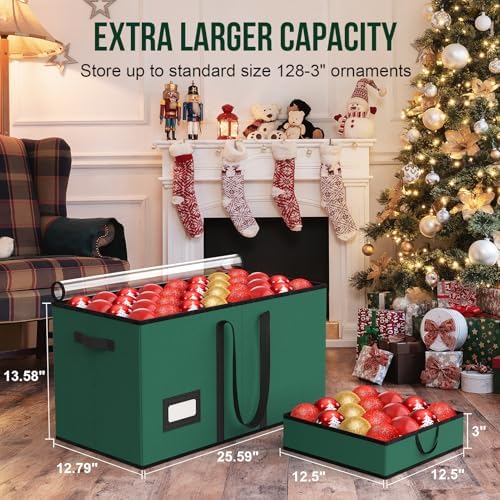 Christmas Ornament Storage Box Store 128-3" Ornaments, Ornament Organizer Storage box with Dual Zipper Closure Visual Cover & Adjustable Dividers, Holiday Decorations Storage Container with 8 Trays - Image 4